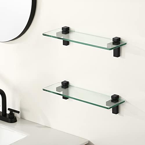 KES 2 Pack Tempered Glass Floating Shelves for Bathroom Matte Black
