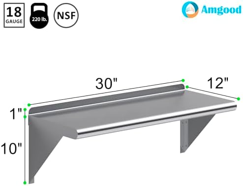 AmGood 12 Inch X 30 Inch Stainless Steel Wall Shelf NSF Certified
