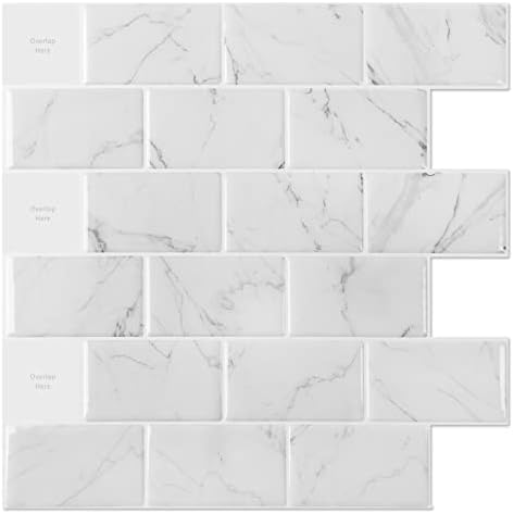 Art3d 10-Sheet Peel and Stick Subway Backsplash 12x12 White Marble Design