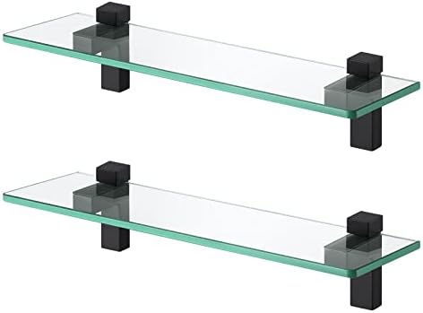 KES 2 Pack Tempered Glass Floating Shelves for Bathroom Matte Black