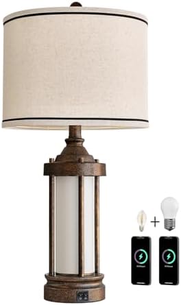 25 Inch Farmhouse Table Lamp with 2 USB Ports and 2 Bulbs