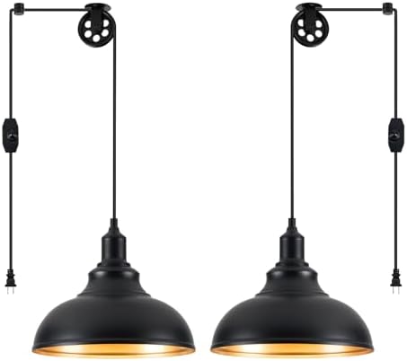 Black Pendant Light Hanging Lamp 2 Pack with Dimmer and Adjustable Pulley