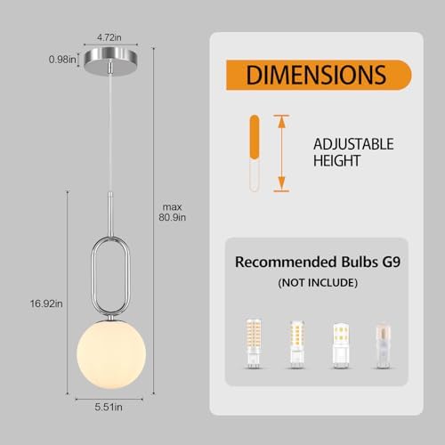 Modern Chrome Pendant Light with White Globe Shade 3-Pack