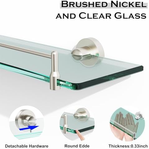 24-Inch Brushed Nickel Floating Glass Bathroom Shelf