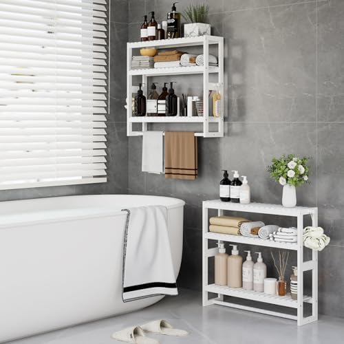 3-Tier Adjustable Bamboo Bathroom Shelf with Hooks