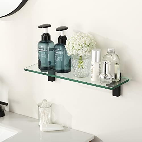 KES 16 Inch Matte Black Tempered Glass Wall Shelf