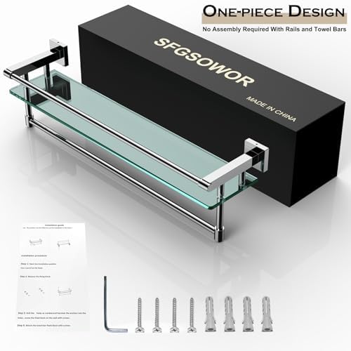 24 Inch Floating Glass Shelves with Towel Bar Chrome Railing