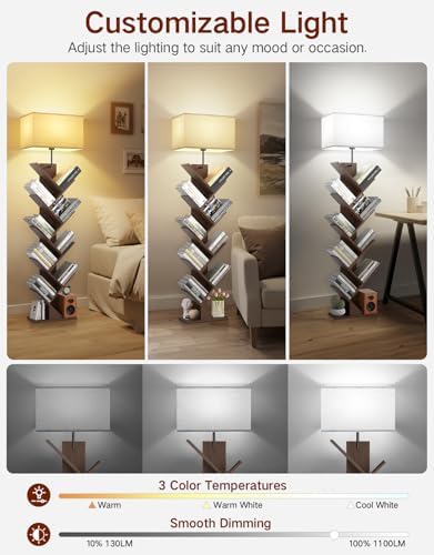9 Tier Tree Bookshelf with Light Remote Timer Dimmable Floor Lamp