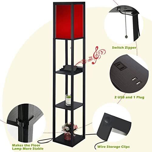 Red Blurred Floor Lamp with Shelves USB Ports and Power Outlet