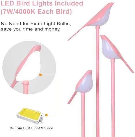 Pink Bird Floor Lamp with Shelves and 3 Lights