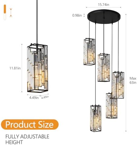 Black Pendant Light With Crystal Adjustable for Kitchen and Dining Room