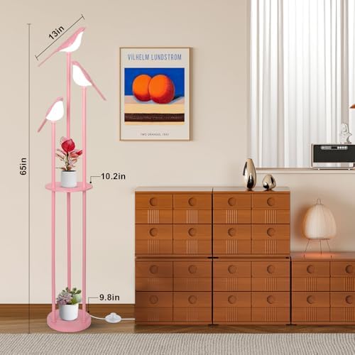 Pink Bird Floor Lamp with Shelves and 3 Lights