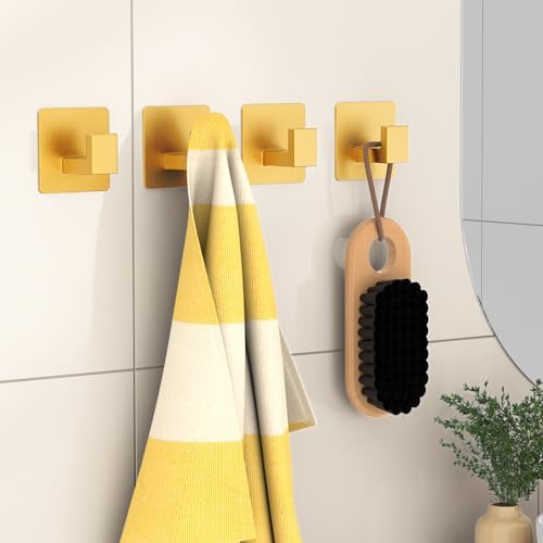 PMMASTO Adhesive Hooks Towel Hooks - 2 Pack Gold Aluminum Wall Hooks