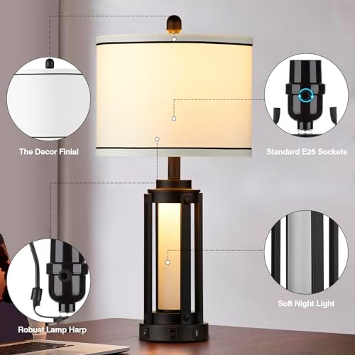 26 Modern Table Lamp with USB Charging and AC Outlet Black Industrial Style