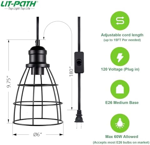 LIT-PATH Plug In Pendant Lighting 2-Pack Black
