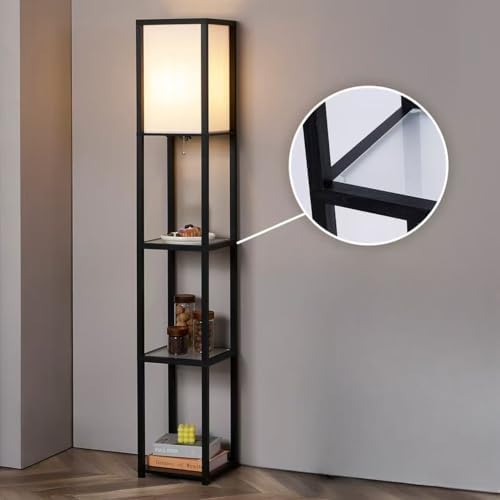 Modern Square Floor Lamp with Shelves and Light Black