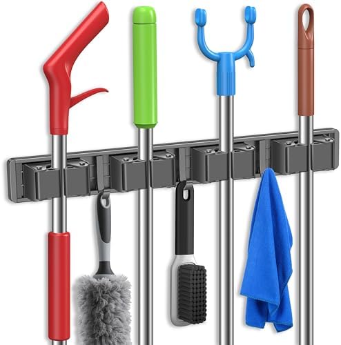 Broom Holder Wall Mount with 4 Racks and 3 Hooks
