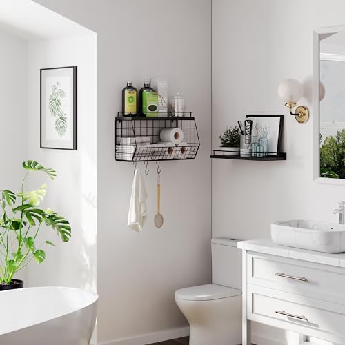Bathroom Shelves With Hooks And Wire Basket