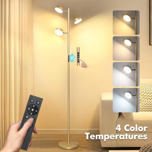 Gold Floor Lamp with 3 Adjustable Heads and Remote Control
