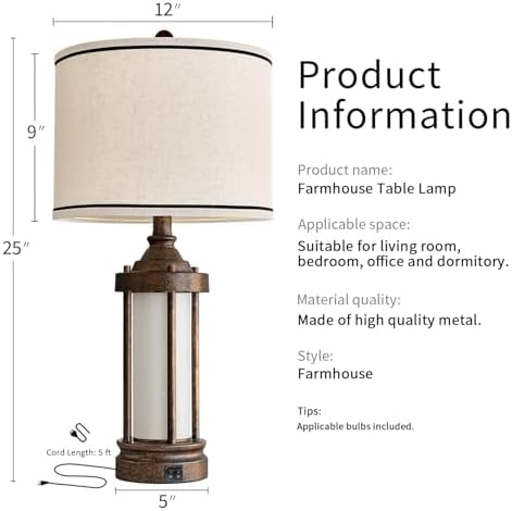 25 Inch Farmhouse Table Lamp with 2 USB Ports and 2 Bulbs