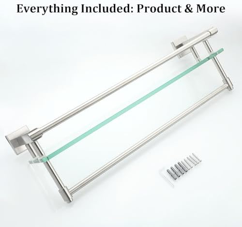 Alise 20 Inch Tempered Glass Bathroom Shelf with Towel Bar