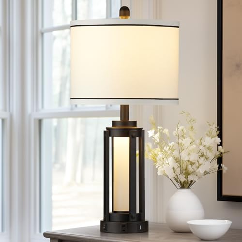 26 Modern Table Lamp with USB Charging and AC Outlet Black Industrial Style