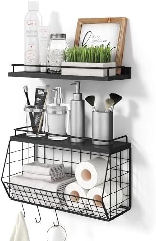 Bathroom Shelves With Hooks And Wire Basket