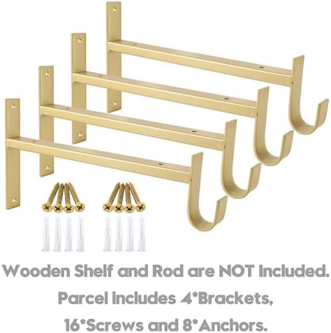 AddGrace Heavy Duty 10 Inch Gold Shelf Brackets with Hook 4 Pack