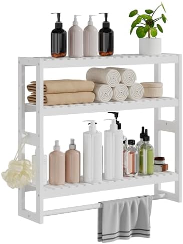3-Tier Adjustable Bamboo Bathroom Shelf with Hooks