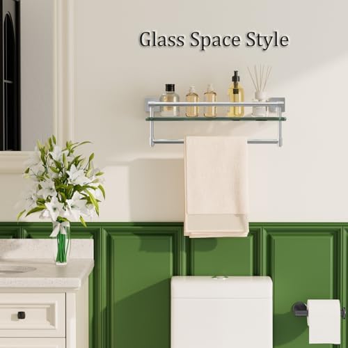Alise 20 Inch Tempered Glass Bathroom Shelf with Towel Bar