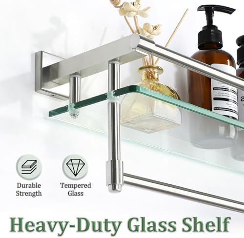Alise 20 Inch Tempered Glass Bathroom Shelf with Towel Bar