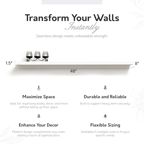 InPlace Wall Mount Slim Shelf with Hidden Brackets - White