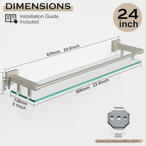 24 Inch Rectangular Tempered Glass Bathroom Shelf