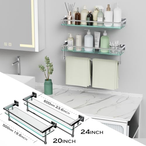 24 Inch Floating Glass Shelves with Towel Bar Chrome Railing
