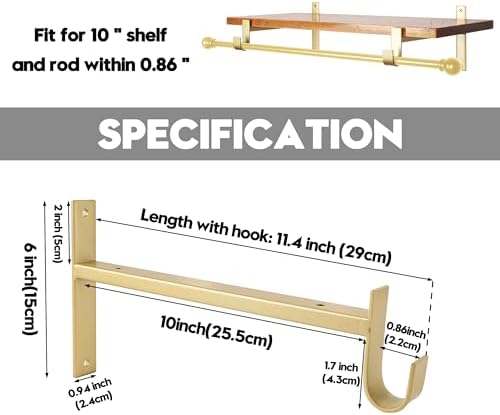 AddGrace Heavy Duty 10 Inch Gold Shelf Brackets with Hook 4 Pack