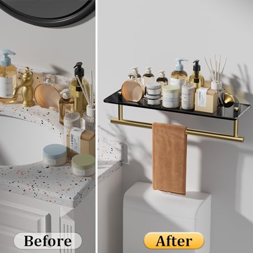 Alise Floating Glass Shelves for Bathroom 157 Inch Gold Black