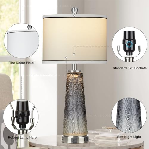 Lolikit Glass Table Lamp Set of 2 with USB and AC Outlet