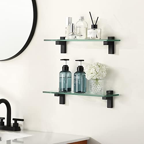 KES 2 Pack Tempered Glass Floating Shelves for Bathroom Matte Black