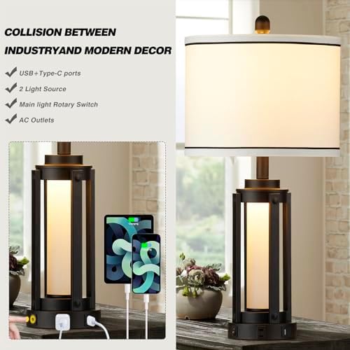 26 Modern Table Lamp with USB Charging and AC Outlet Black Industrial Style