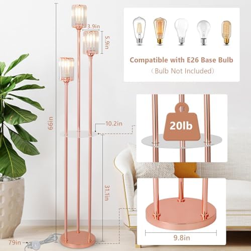 HMVPL Pink Floor Lamp with Shelves and Crystal Shade