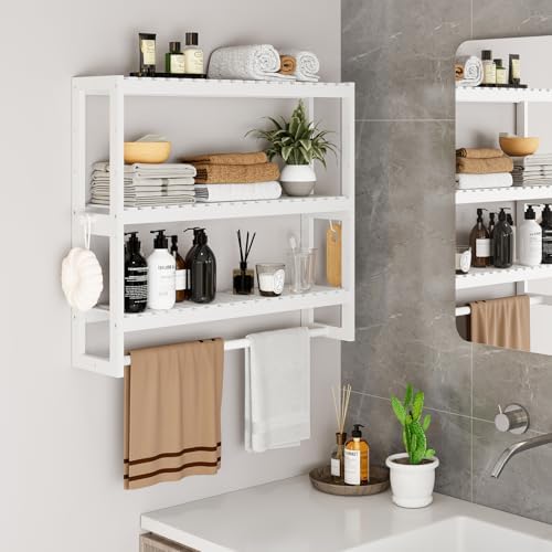 3-Tier Adjustable Bamboo Bathroom Shelf with Hooks