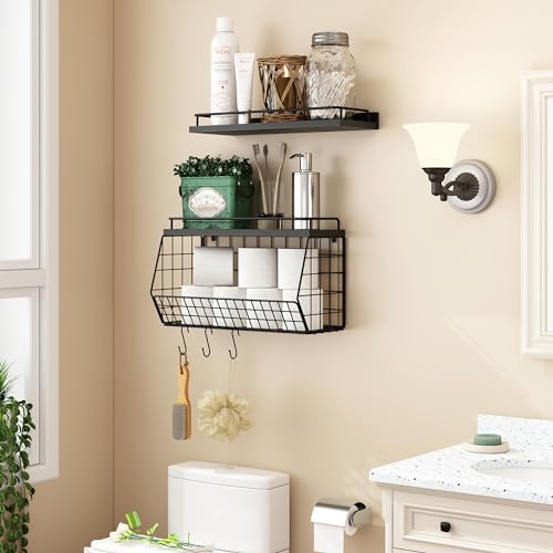 Bathroom Shelves With Hooks And Wire Basket