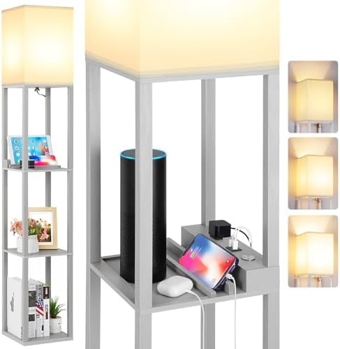FOLKSMATE LED Shelf Floor Lamp with USB Ports and Power Outlet