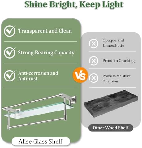 Alise 20 Inch Tempered Glass Bathroom Shelf with Towel Bar