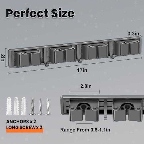 Broom Holder Wall Mount with 4 Racks and 3 Hooks