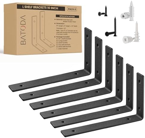 BATODA 10 Inch Heavy Duty Shelf Brackets 6pcs Black