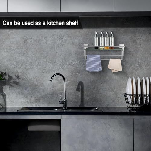 LANC Glass Shelf with Towel Rails 20 Inch Floating Tempered Bathroom Storage