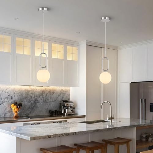 Modern Chrome Pendant Light with White Globe Shade 3-Pack
