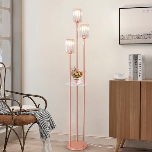 HMVPL Pink Floor Lamp with Shelves and Crystal Shade