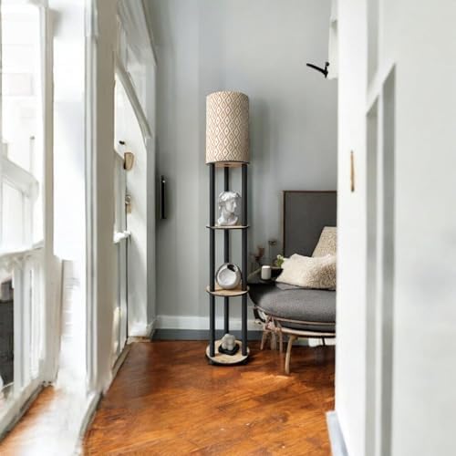 Oak White Floor Lamp with Shelves for Living Room and Bedroom